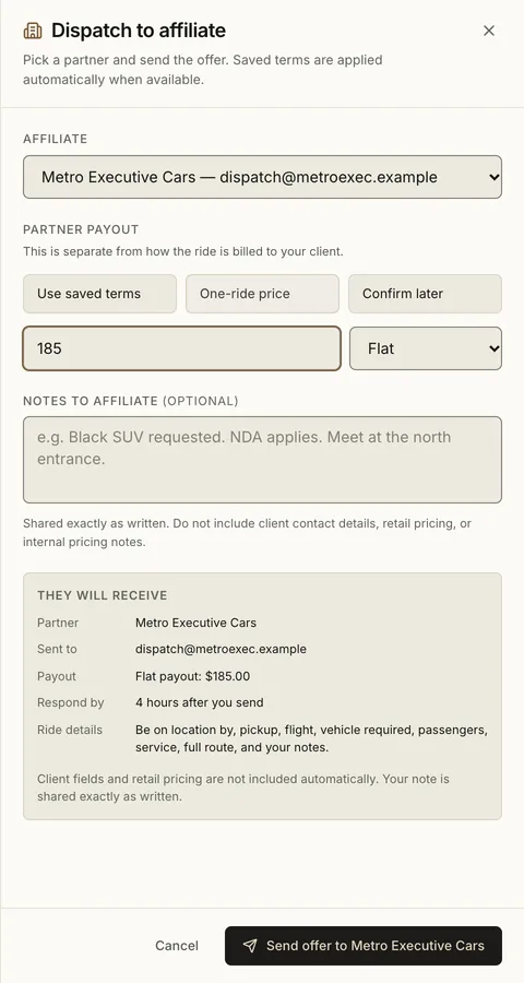 Dispatch to affiliate panel: choose the partner and the payout, add a note, and see exactly what the partner will receive before sending the offer.