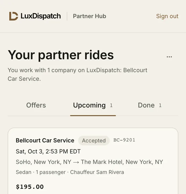 Partner Hub on a phone: the partner’s rides from one LuxDispatch company, sorted into Offers, Upcoming and Done.