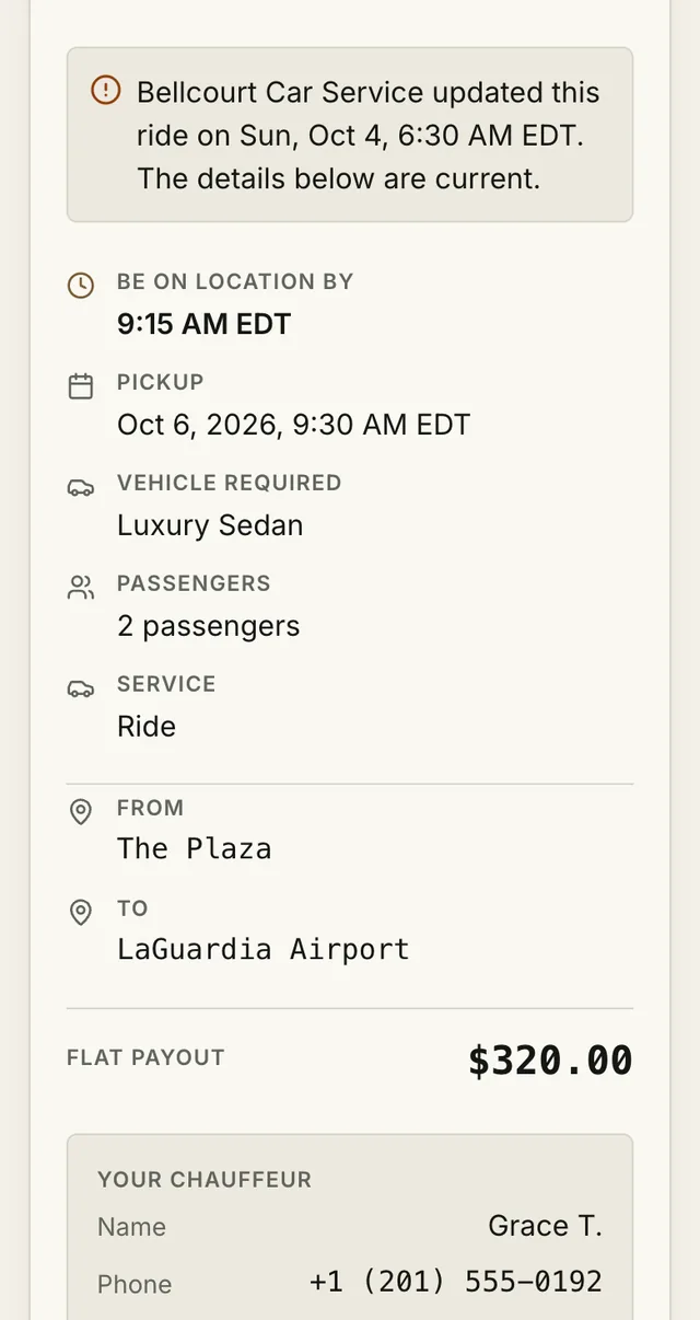 The partner’s ride page: accepted ride with an update notice, pickup, vehicle, route, the flat payout and their chauffeur’s details.
